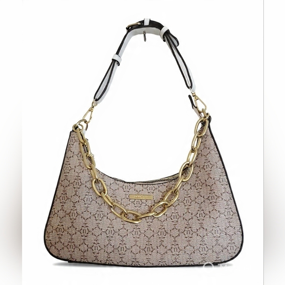 Nanette Lepore Handbags - Nanette Lepore Monogram Shoulder Bag – Tan/Beige with Gold Chain Detail